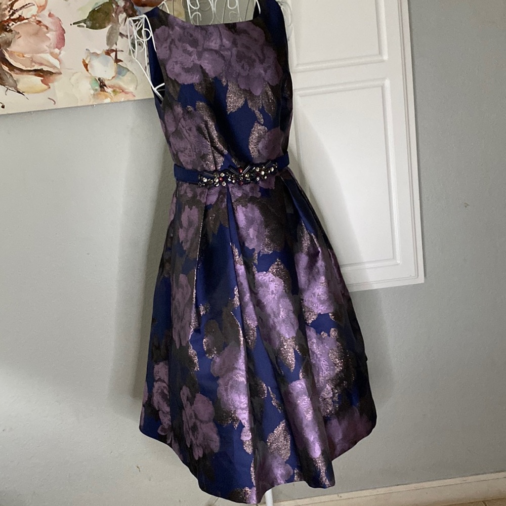 Eliza J formal dress purple blue NWOT belted size 4 wedding guest holiday dinner